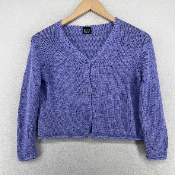EILEEN FISHER Sweater PS Petite Cotton Tape Yarn Cropped Cardigan Purple HK VTG - Picture 1 of 15